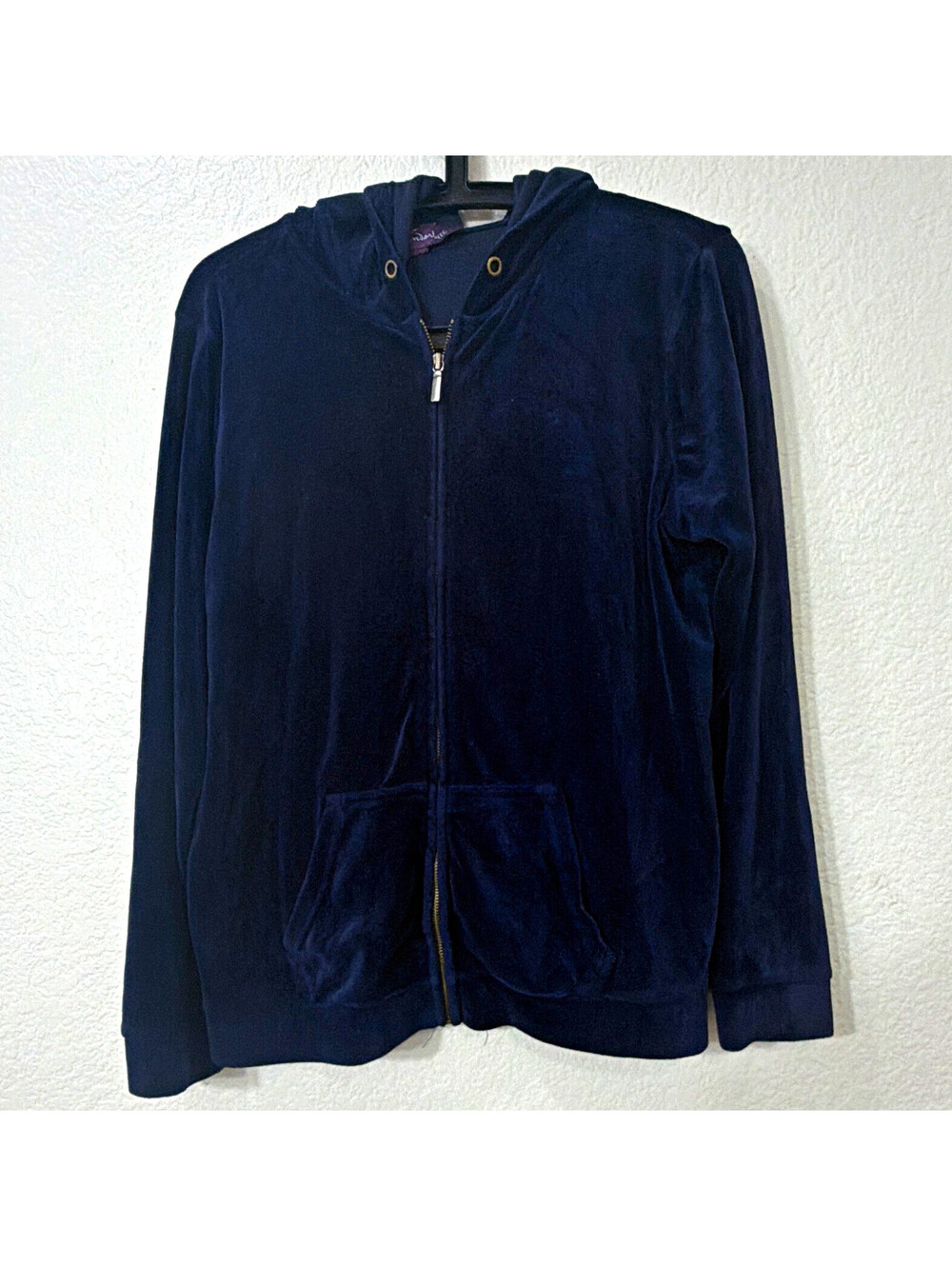 Gloria Vanderbilt Women’s L Navy Velour Full Zip Hooded Hoodie Pockets